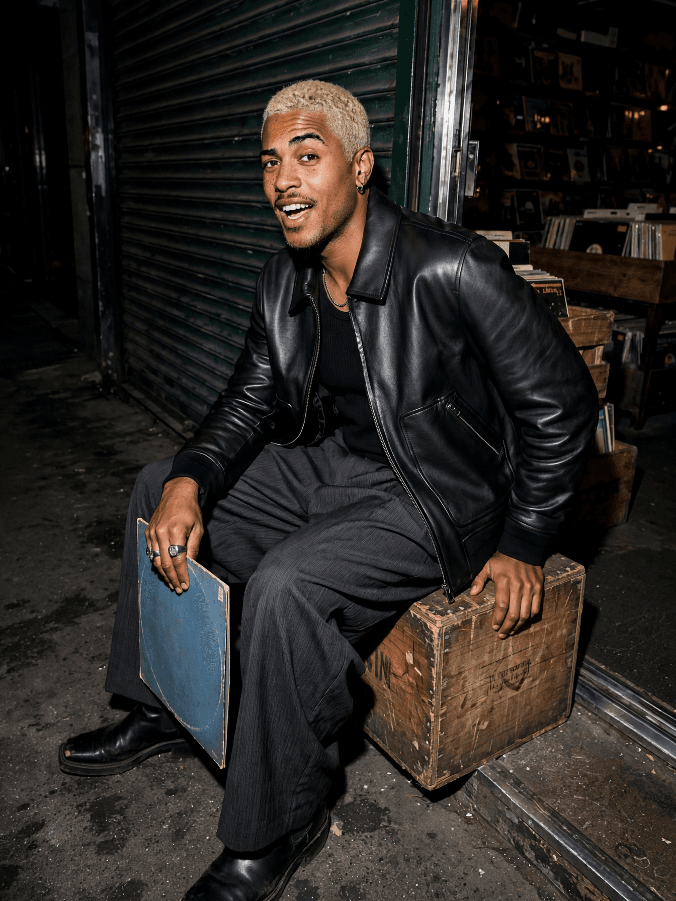 Leather Jacket Portrait Outside Record Store example 33
