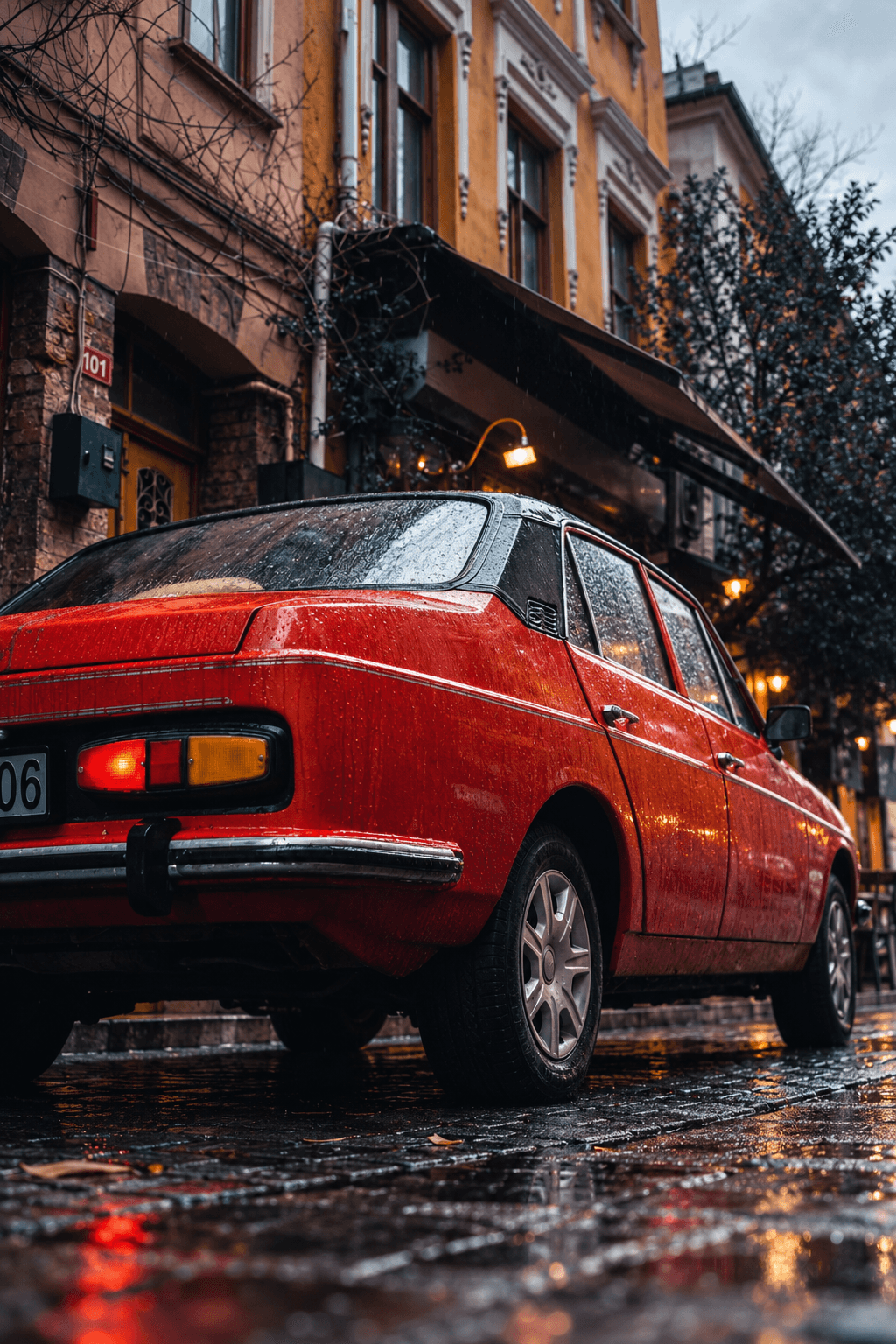 Vintage Red Car on Wet Street example 1