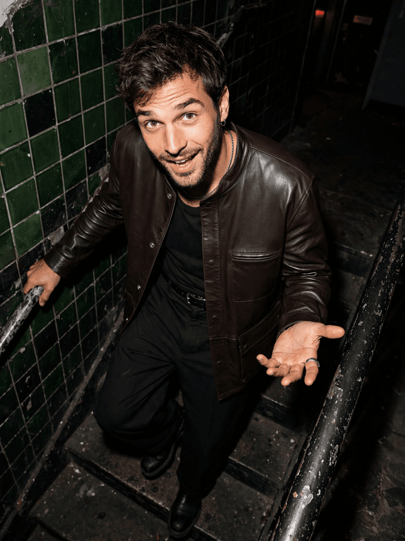 Man in Leather Jacket on Stairs example 15