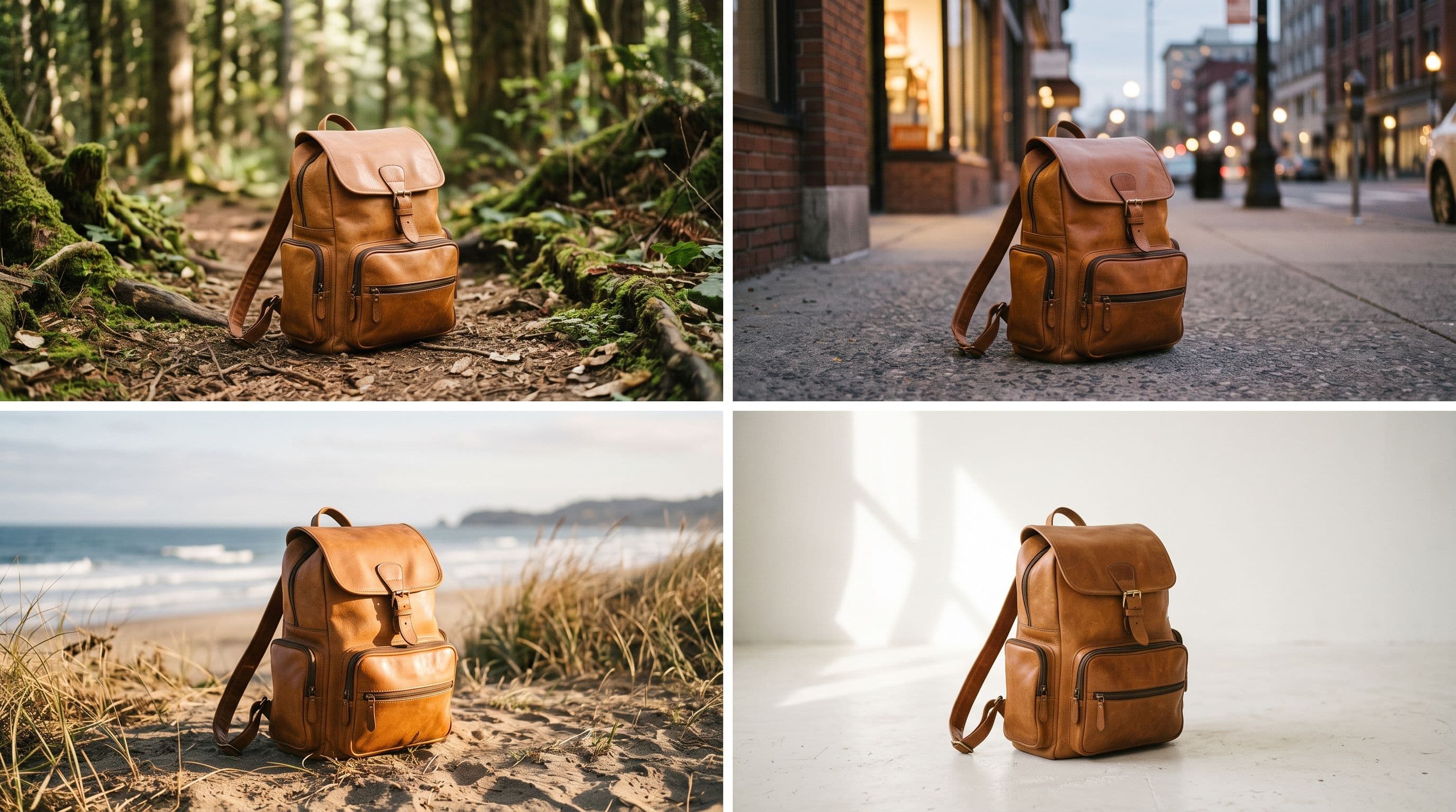 The same tan leather backpack in four matching photos: a forest trail, a city street at dusk, a beach and a white studio