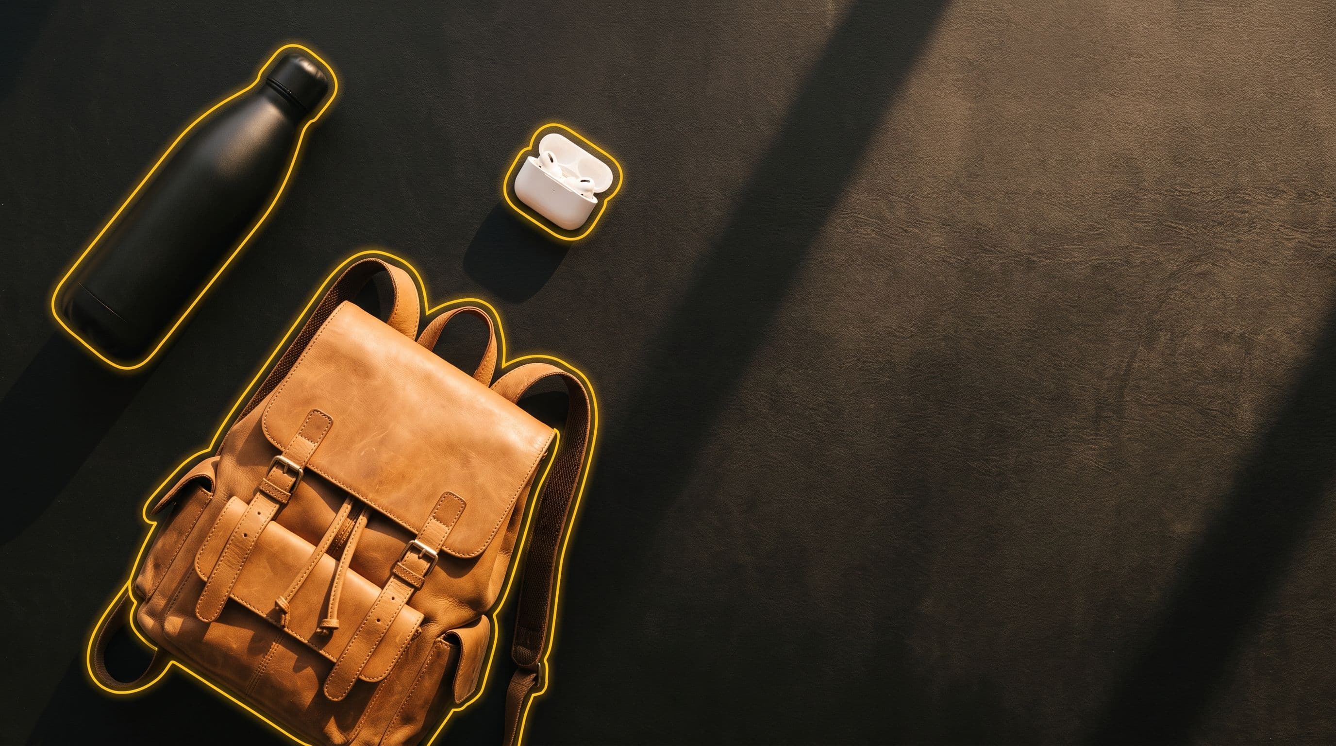 A black water bottle, a tan leather backpack and white earbuds on a dark table, each traced with a glowing yellow outline