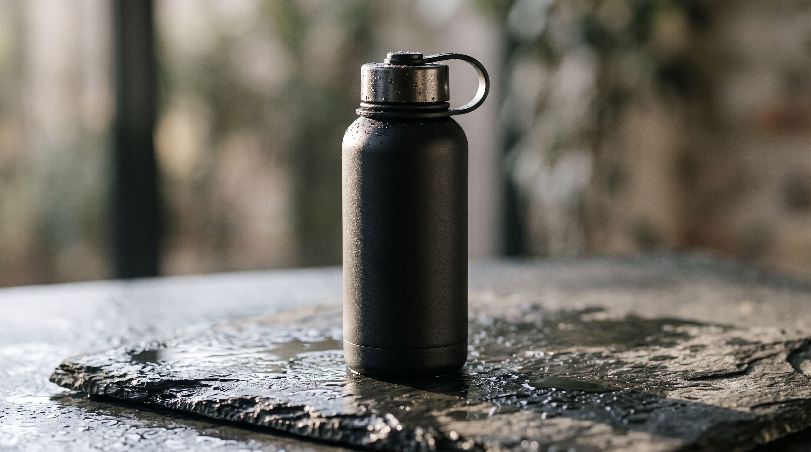 A matte black water bottle with water droplets on wet slate, in soft morning light