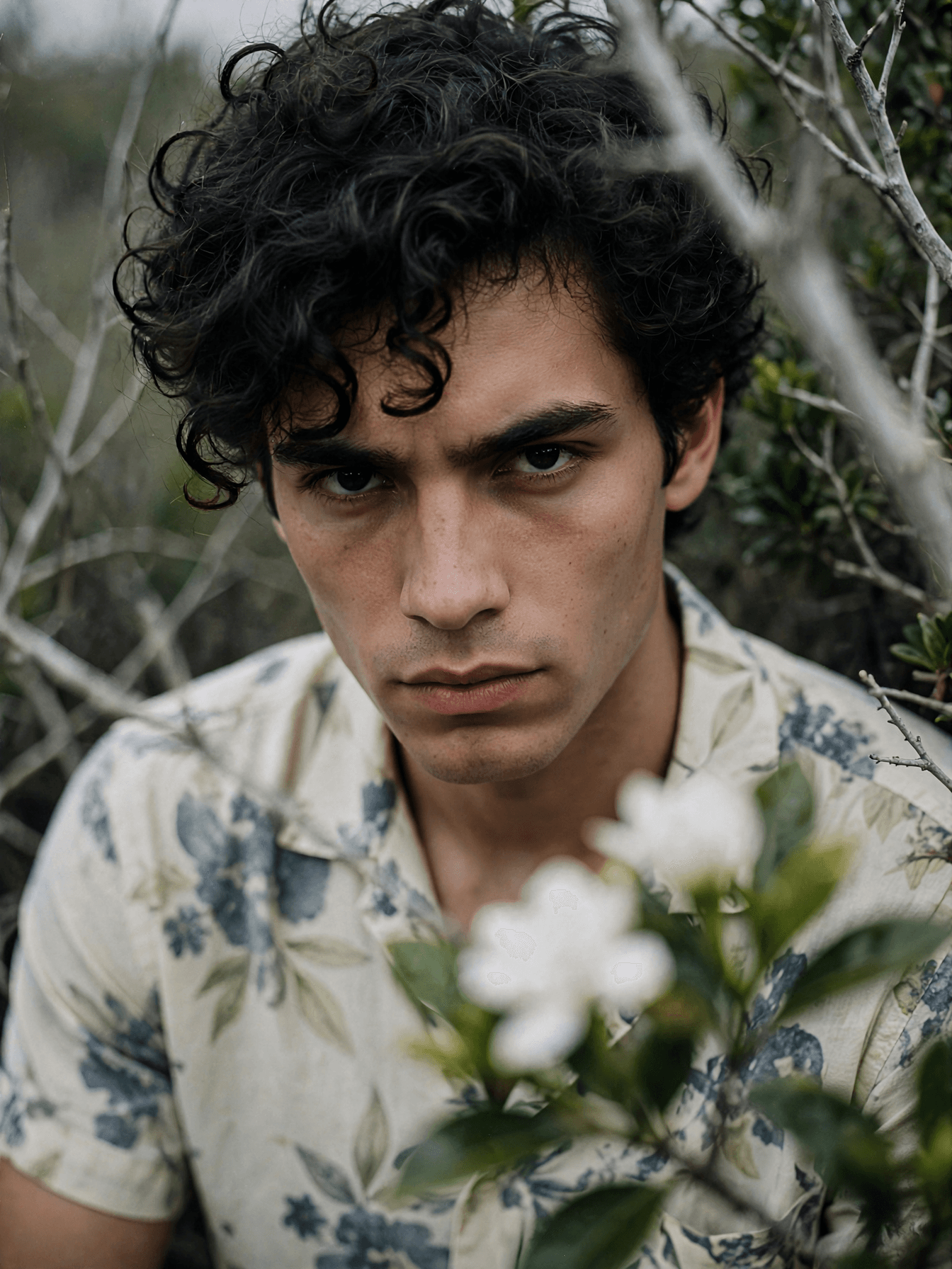 Man in Floral Shirt Among Foliage example 8