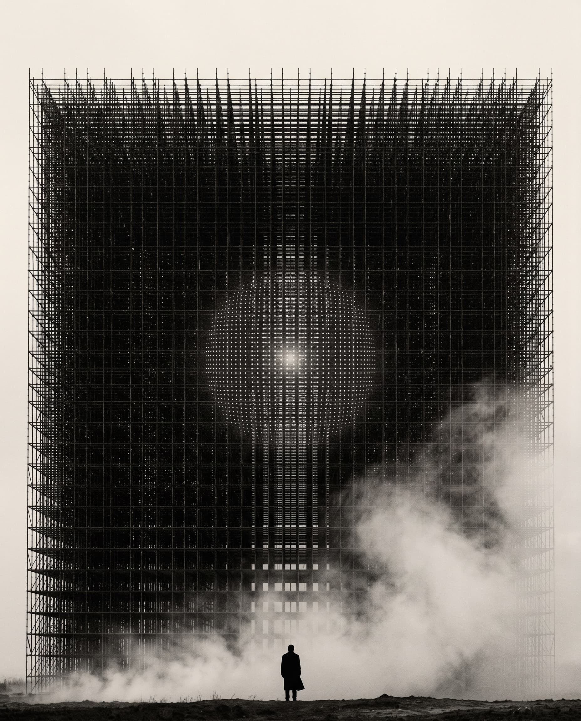 Lone Figure Before Monolithic Grid Structure example 28