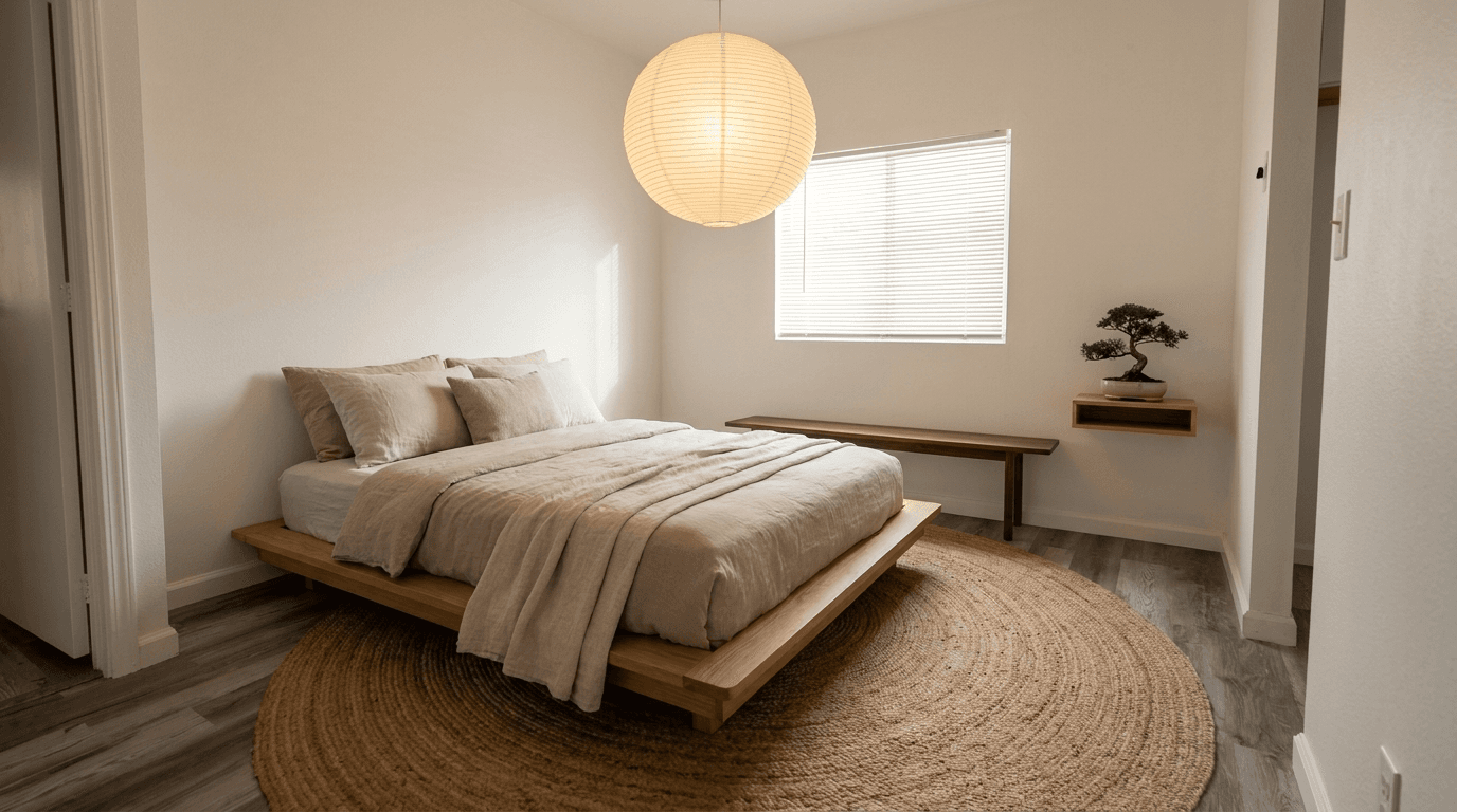 Minimalist Bedroom with Wooden Platform Bed example 10