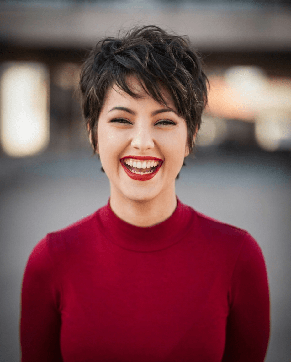 Smiling Woman in Red Mock Neck example 33