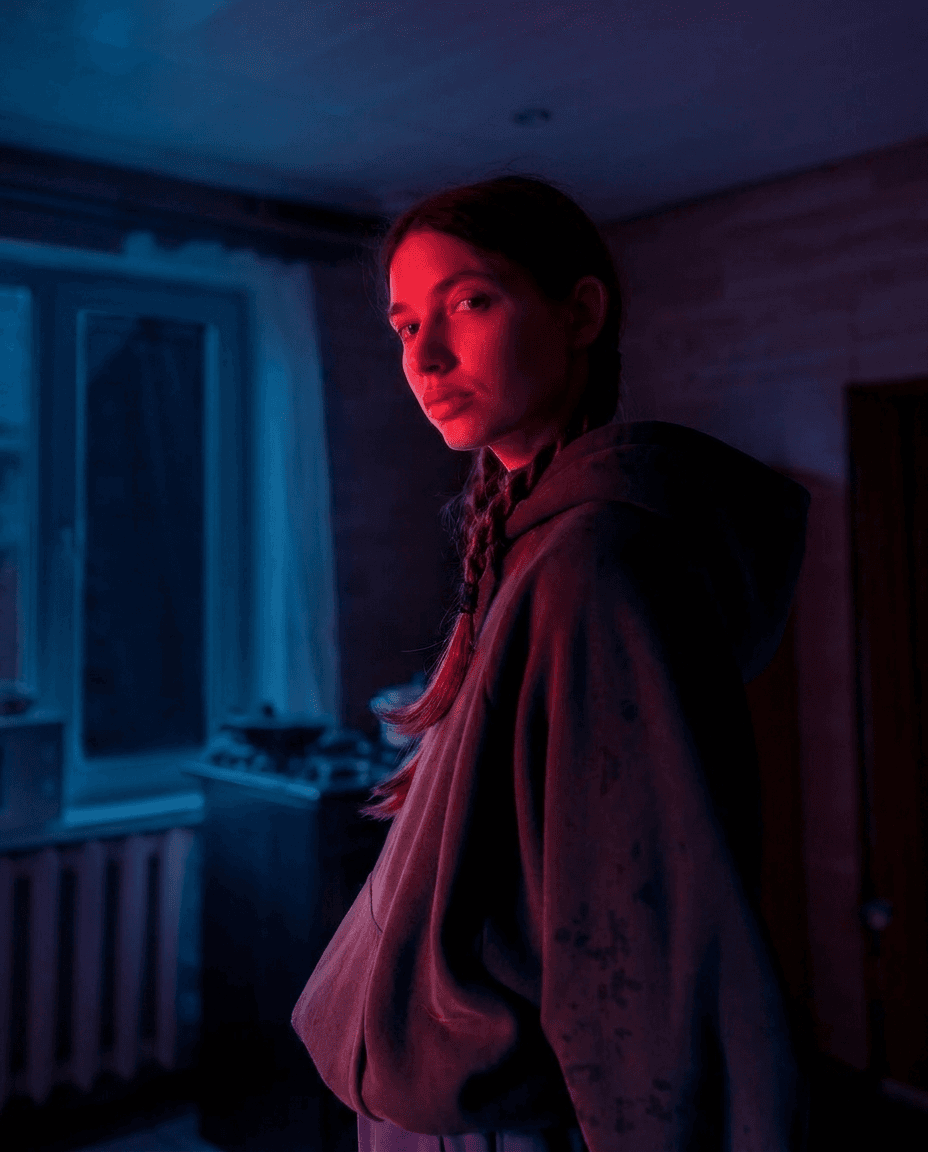 Woman in Hoodie Under Dual Lighting example 24