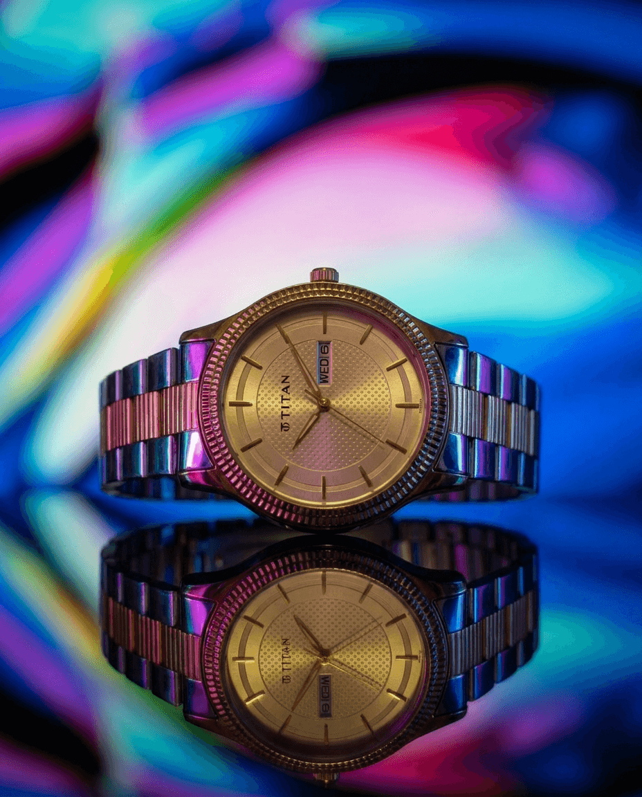 Gold Watch on Reflective Neon Surface example 25