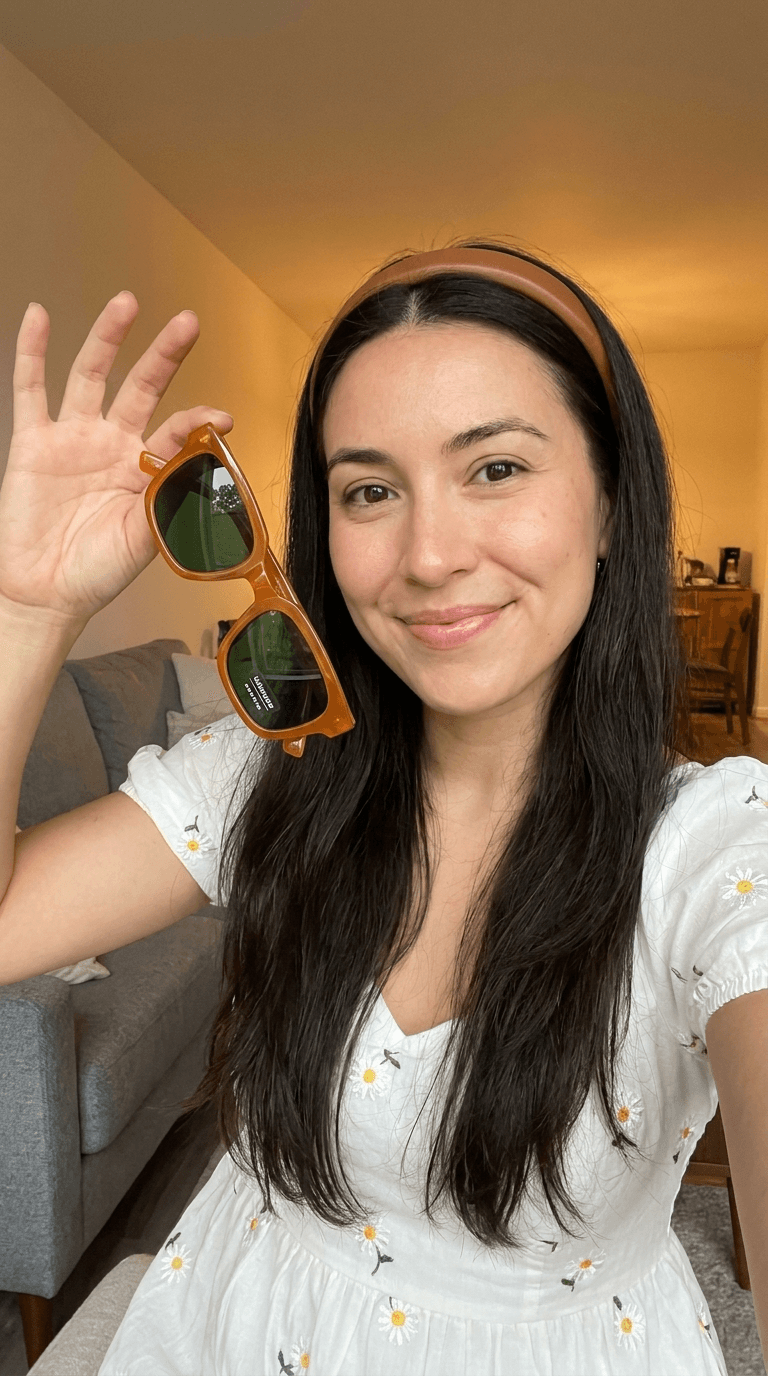 Smiling Woman Holding Brown Sunglasses example 39