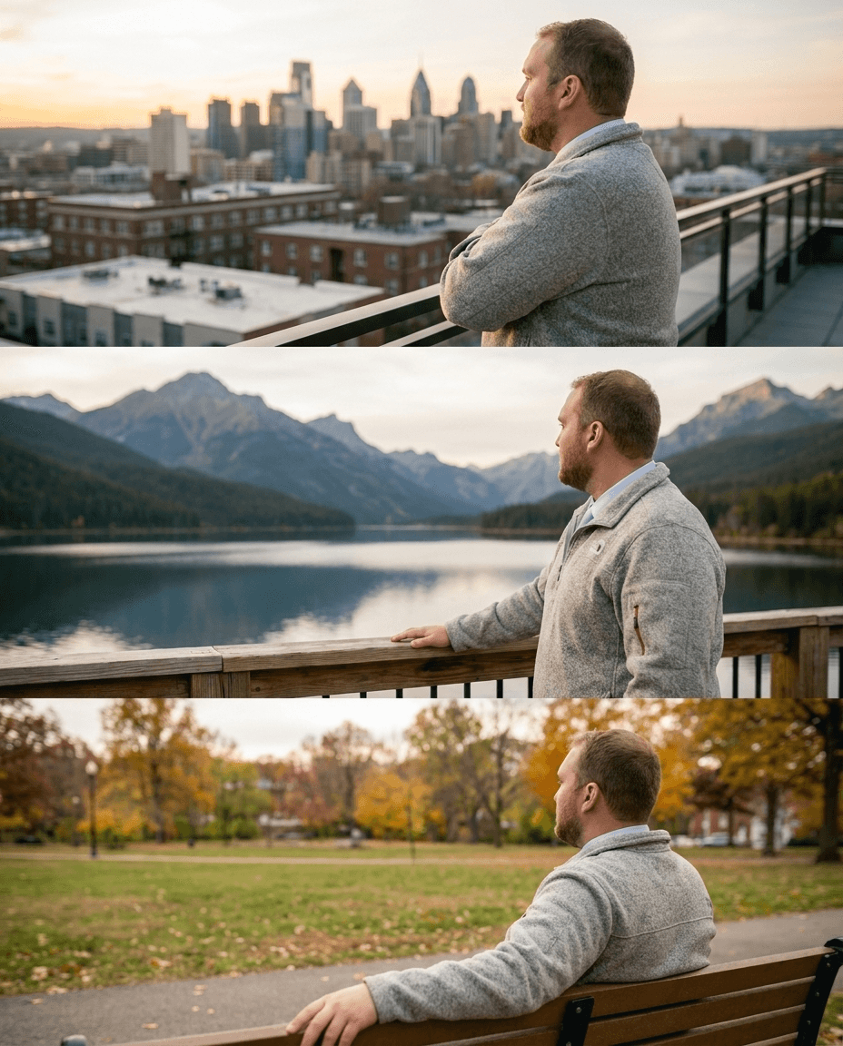 Man in Various Scenic Backgrounds example 31