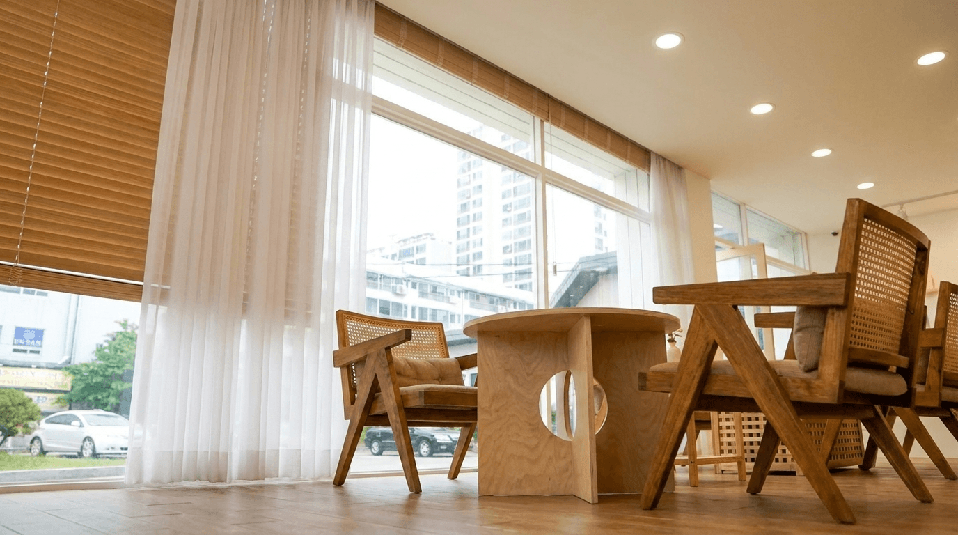 Wooden Seating by Bright Sunlit Window example 6