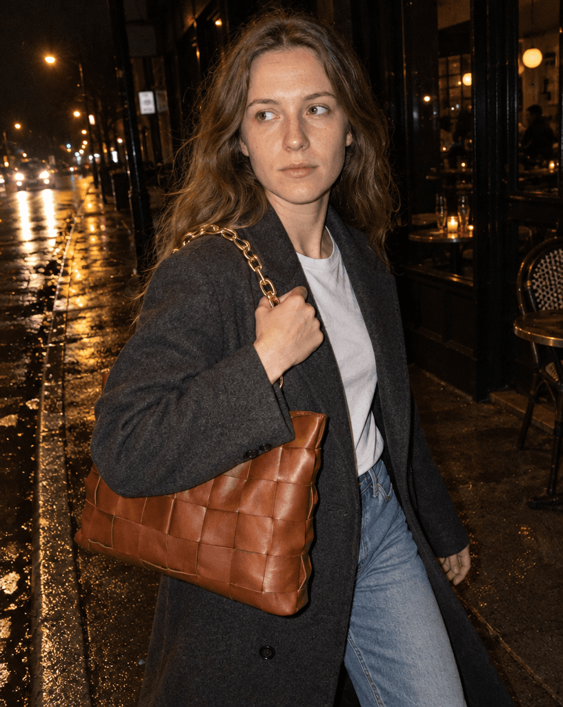 Woven Leather Handbag on Rainy Street example 8