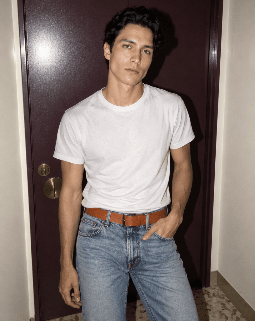Model in White Tee and Jeans example 5