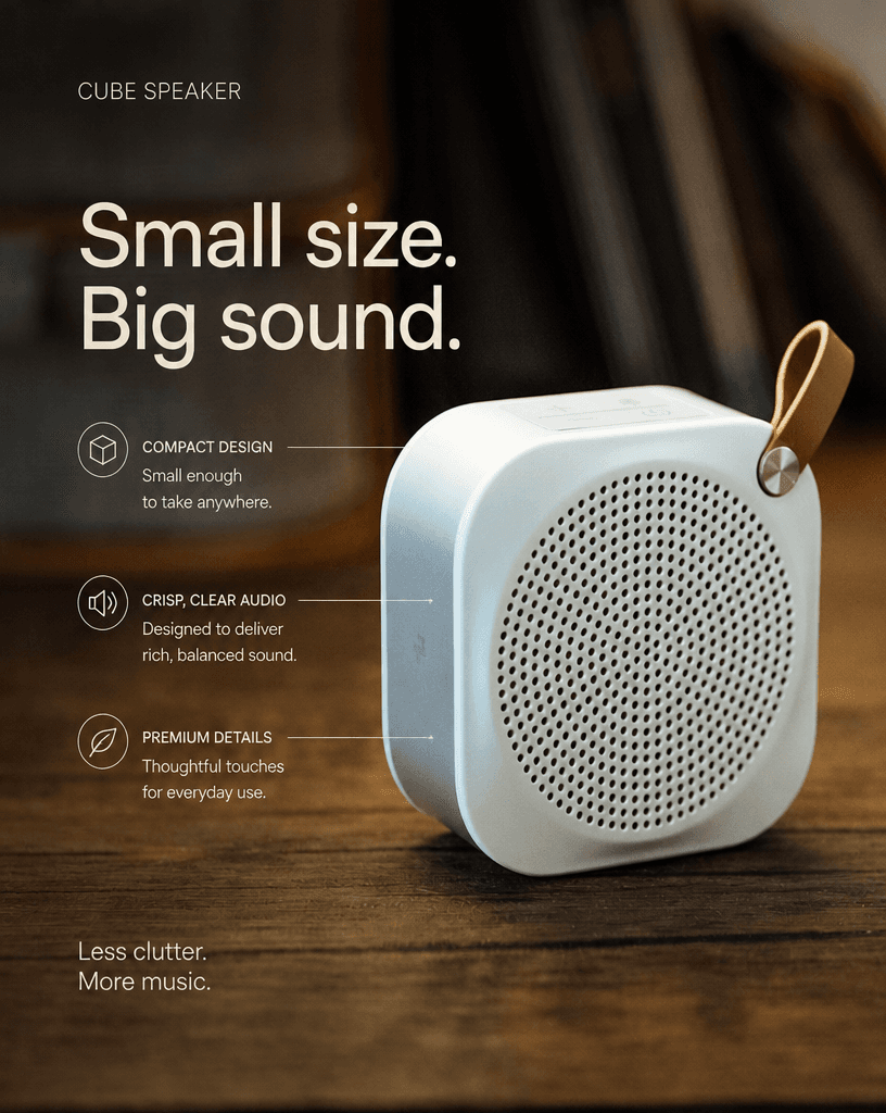 Portable Cube Speaker on Wood Table example 14, output 2