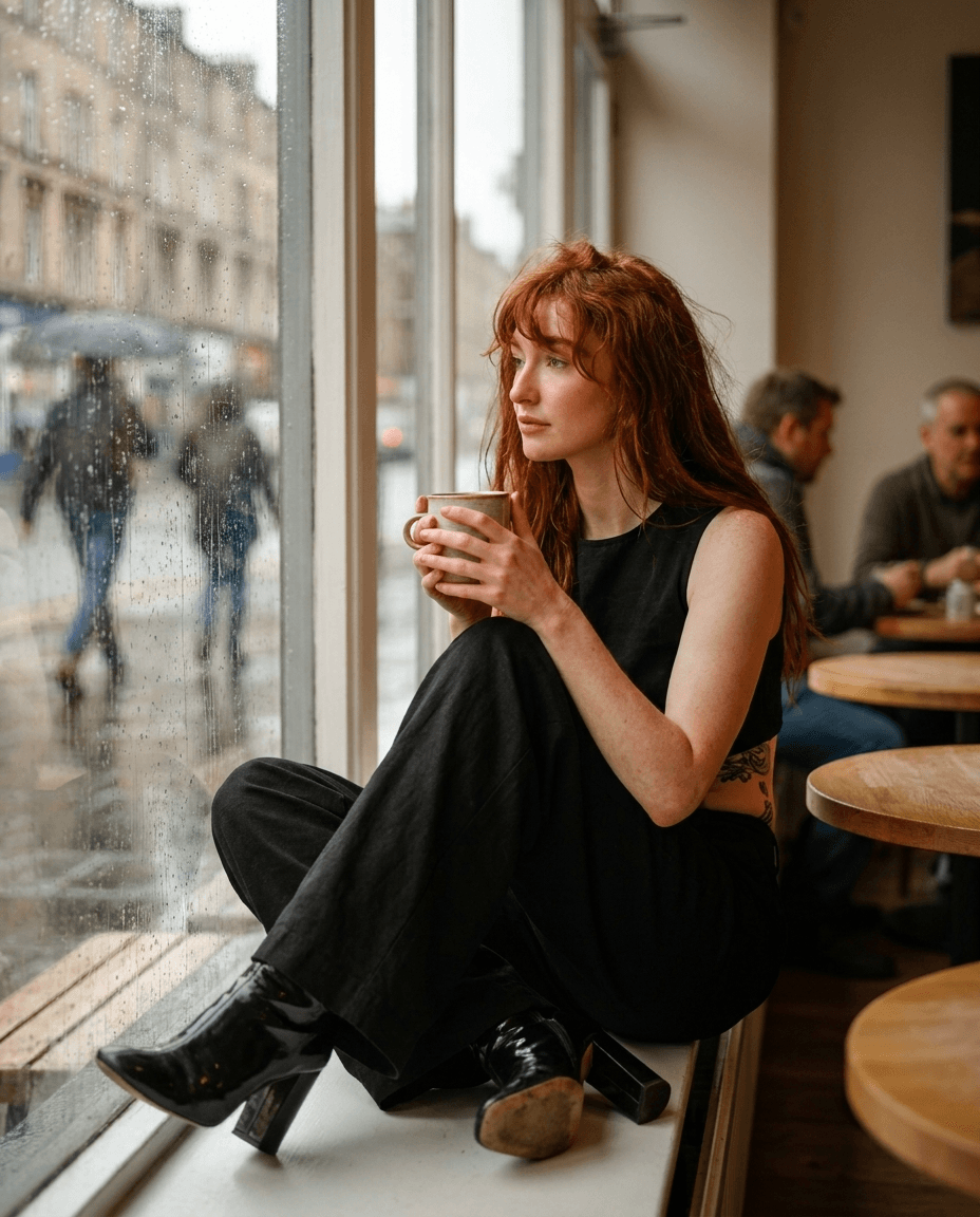 Redhead Woman in Rainy Cafe Window example 23