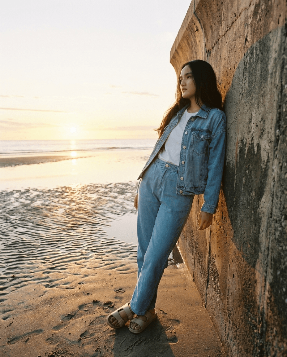 Woman in Denim at Sunset Beach example 16, output 2
