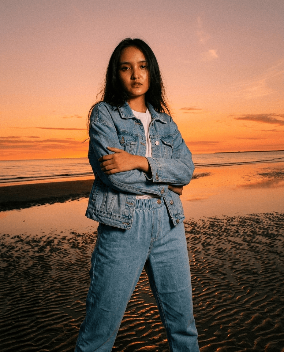 Woman in Denim at Sunset Beach example 16
