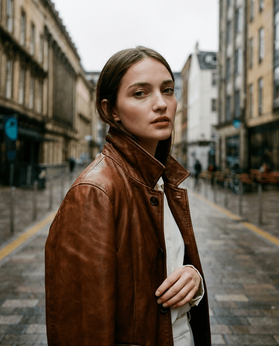 Woman in Leather Jacket Downtown example 17, output 2