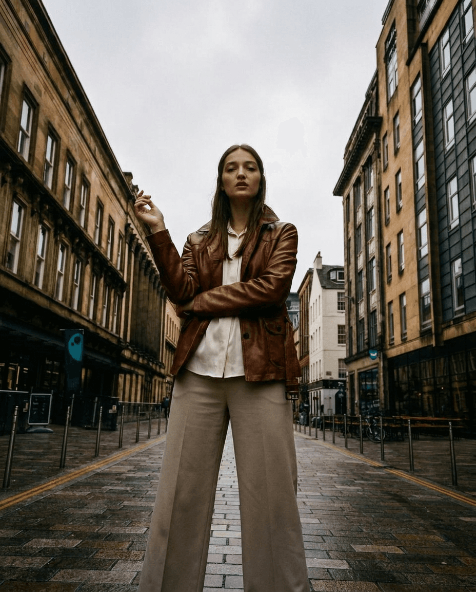 Woman in Leather Jacket Downtown example 17