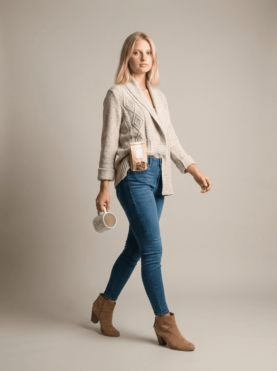 Woman in Knit Cardigan on Stool example 15, output 2