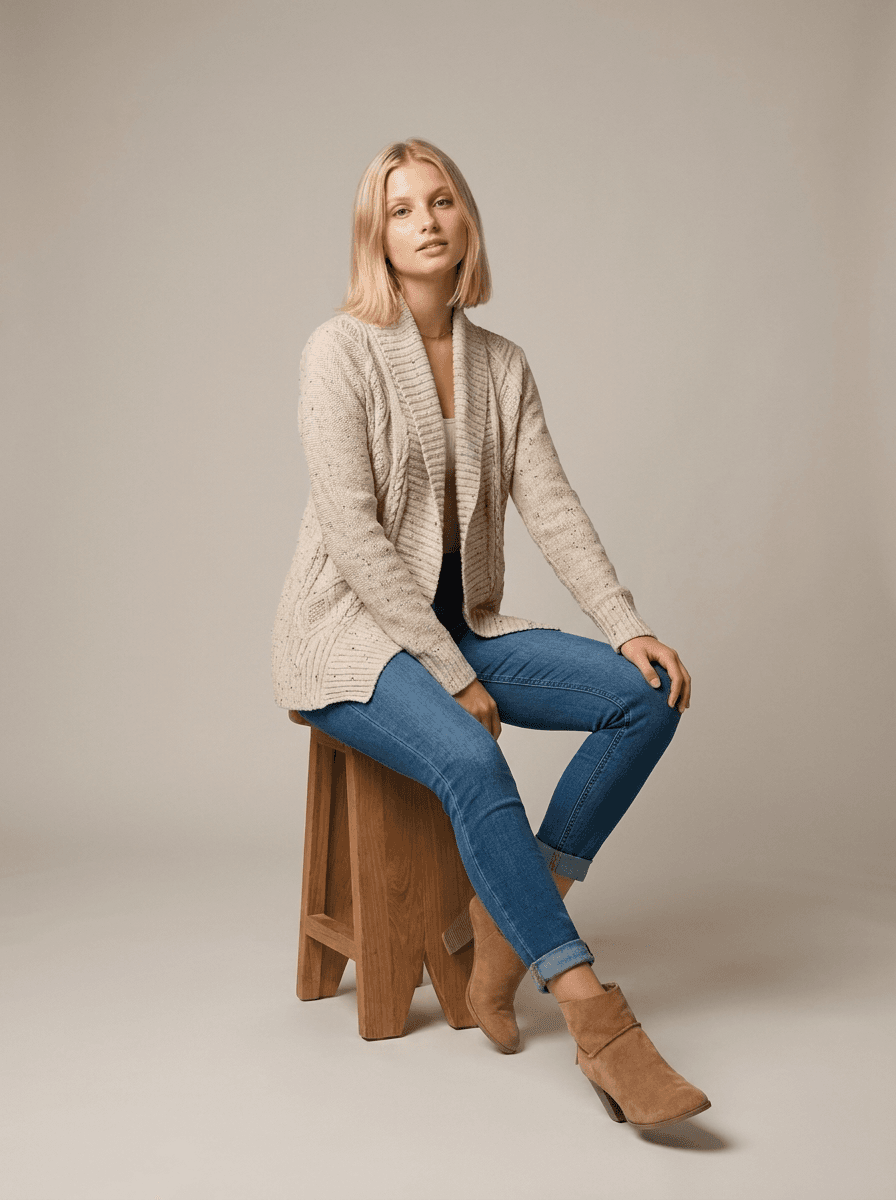 Woman in Knit Cardigan on Stool example 15