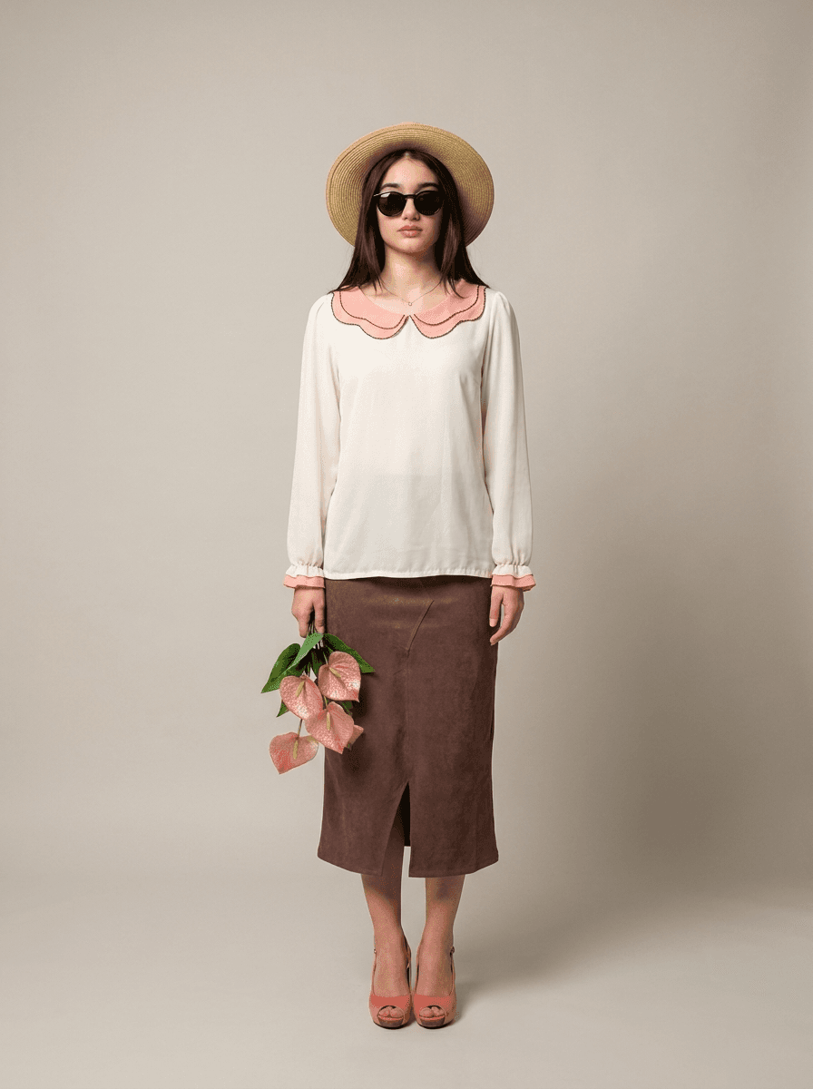 Model in Retro Outfit Holding Flowers example 13