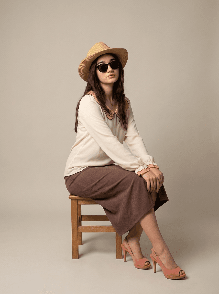 Model in Retro Outfit Holding Flowers example 13, output 2