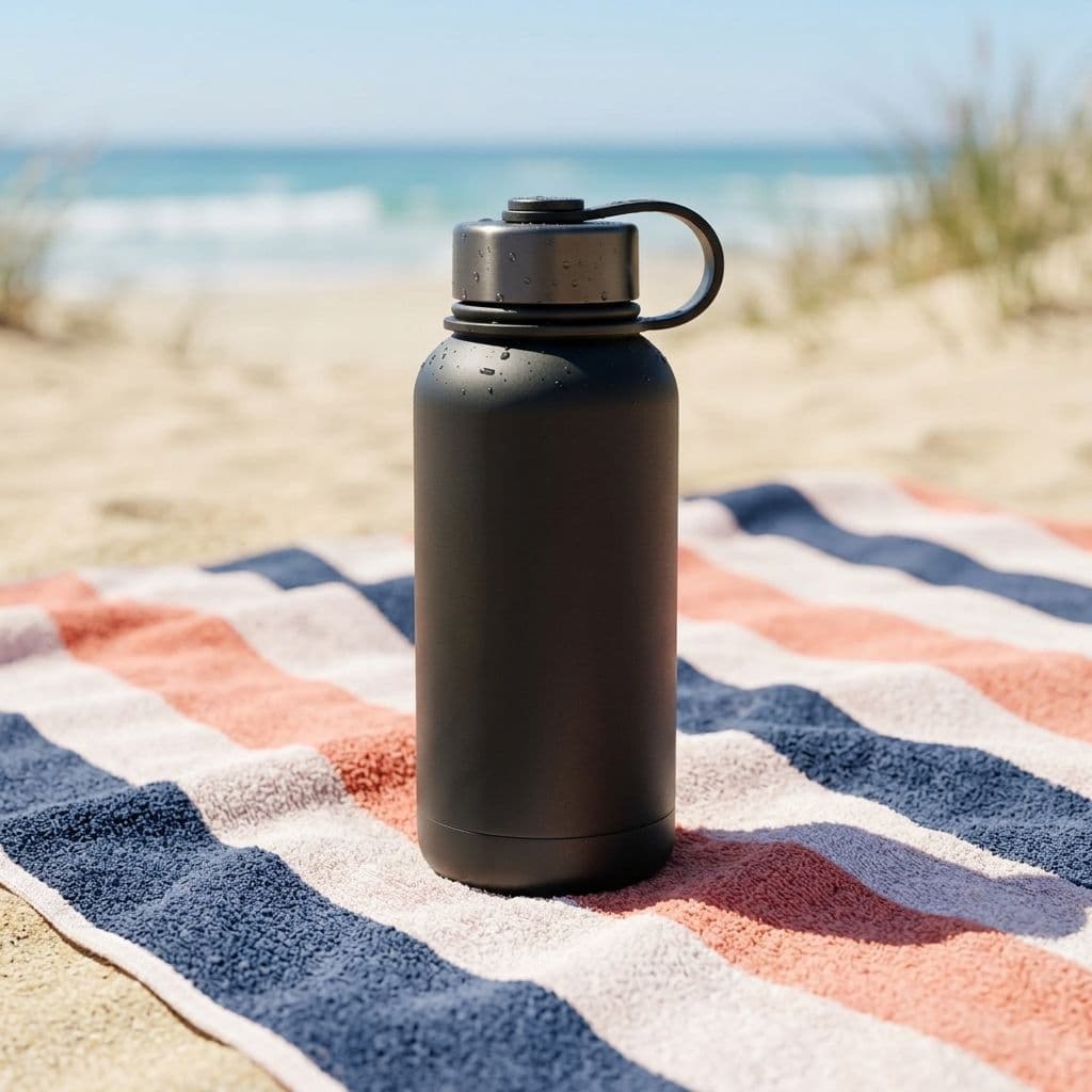 A black insulated water bottle standing on a striped beach towel in the sand, bright summer light, the sea behind it
