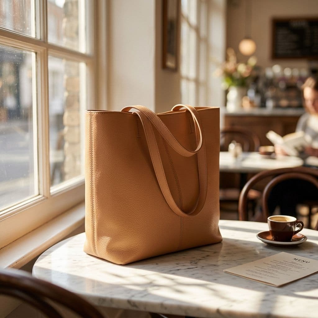 A tan leather tote bag on a round marble cafe table by a sunlit window, with a cup of coffee and a menu beside it